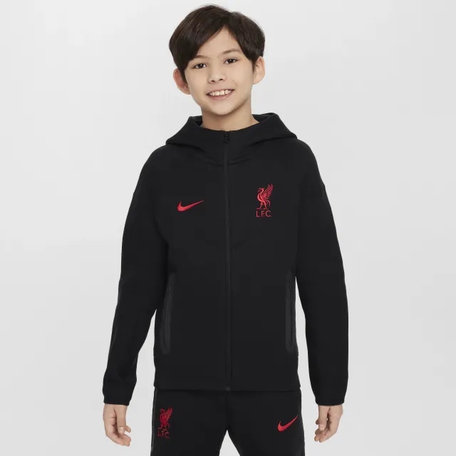 Liverpool F.C. Tech Fleece Older Kids' (Boys') Nike Football Full-Zip Hoodie - Black - Cotton/Polyester