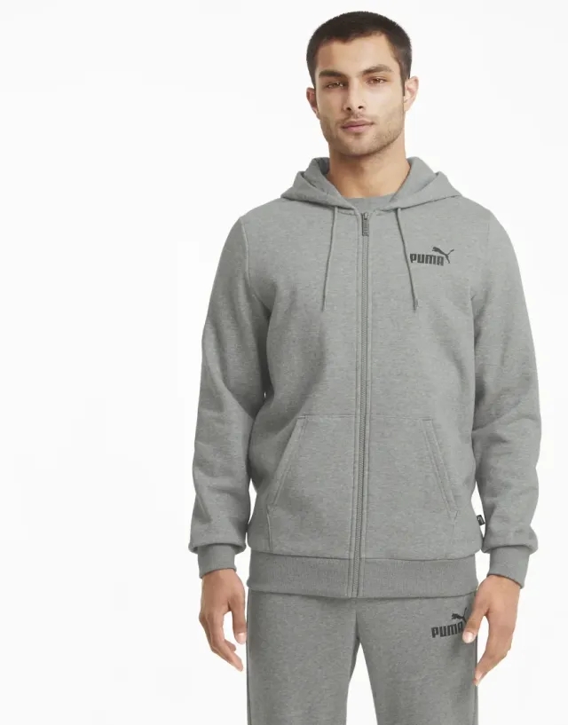 Puma Essentials Full-Zip Logo Hoodie In Medium Gray Heather-Black