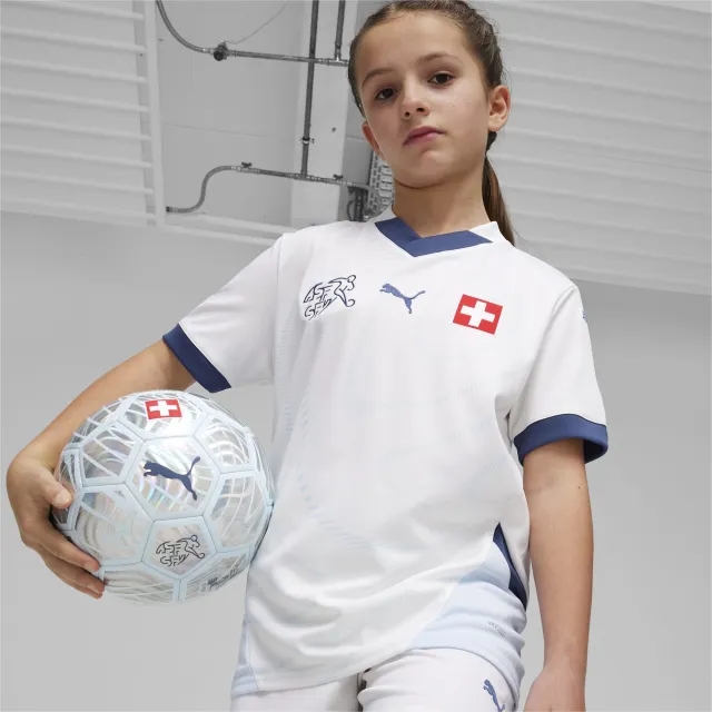 PUMA Switzerland Football 2024 Youth Away Jersey, White/Icy Blue