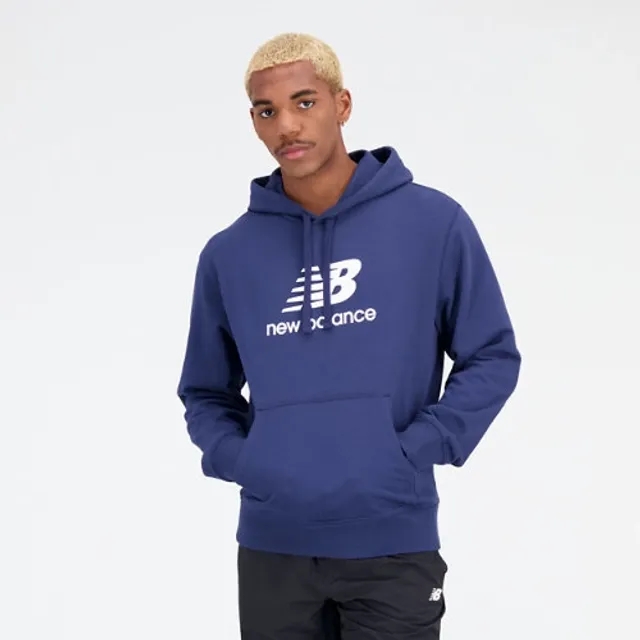 New Balance Men's Essentials Stacked Logo French Terry Hoodie in Blue Cotton Fleece