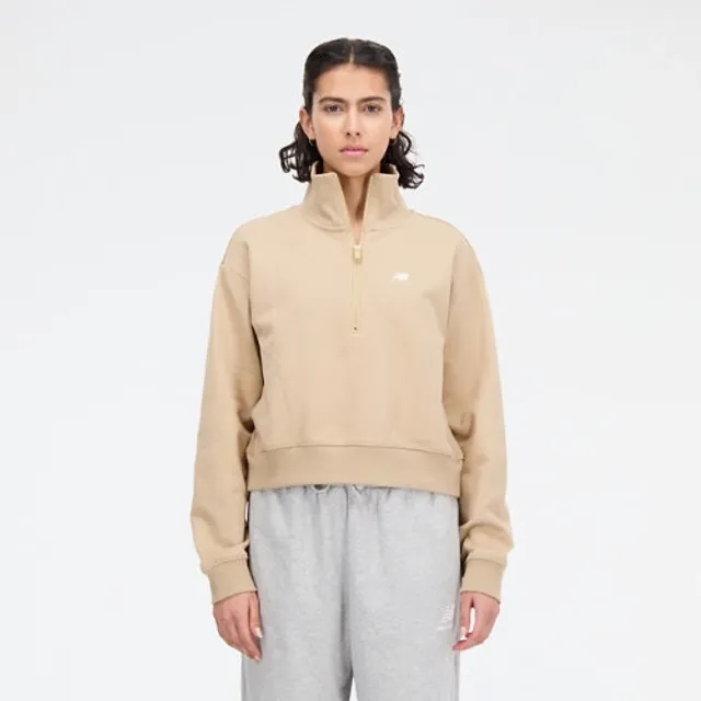 New Balance Women's Athletics Remastered French Terry 1/4 Zip in Brown Cotton