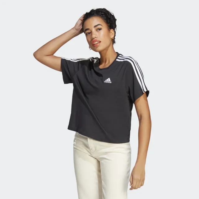 Manchester United x adidas Womens Essentials 3-Stripes Single Jersey Crop Top Black