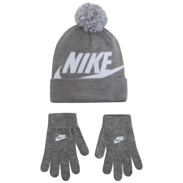Nike Junior Swoosh Pom Beanie and Glove Set - Grey - Size ONE SIZE - Grey