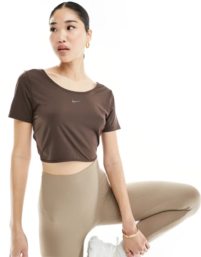 Nike Training One Dri-Fit Slim Twist Back Crop T-Shirt In Baroque Brown