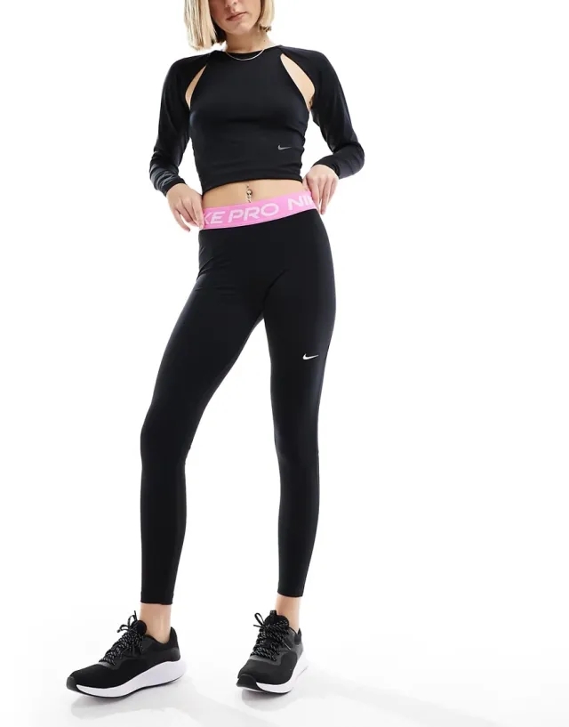 Nike Pro Training 365 Mid Rise Leggings In Black And Pink