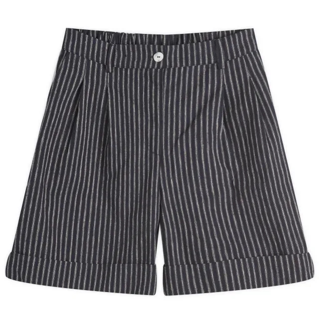DONNI. Women's Linen Stripe Pleated Short Stone Stripe