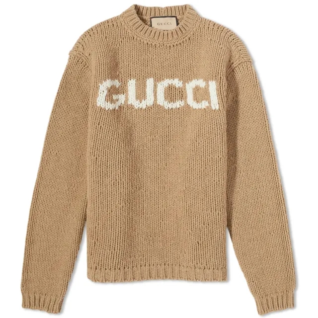 Gucci Men's Intarsia Logo Crew Knit Camel