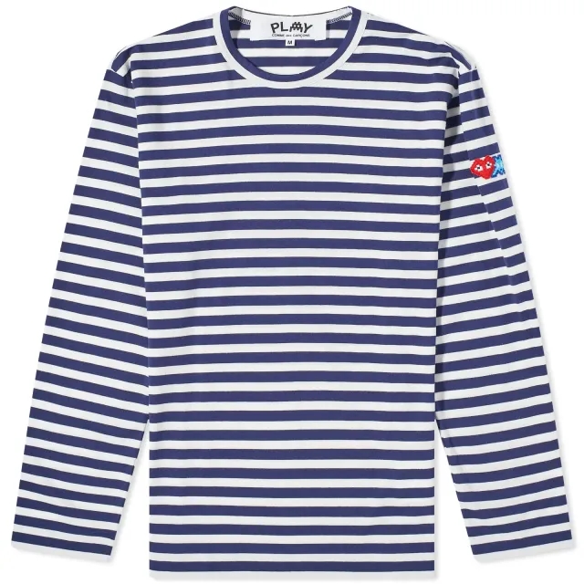 Comme des Garçons Play Men's Long Sleeve Invader Heart Striped T-Shirt Blue/White