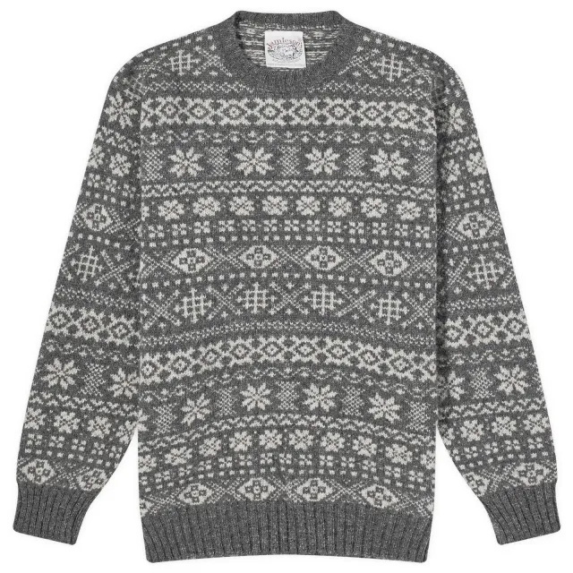 Jamieson's of Shetland Men's Snowflake Fair Isle Crew Knit Heron/Pebble