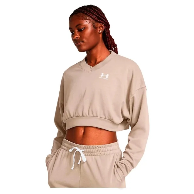 Women's  Under Armour  Rival Terry Oversized Crop Crew Timberwolf Taupe / White L