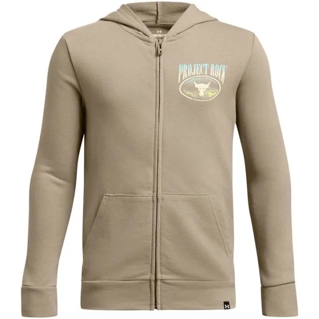 Under Armour Boys' Project Rock Full-Zip Hoodie Timberwolf Taupe / Radial Turquoise YXS (48 - 50 in)
