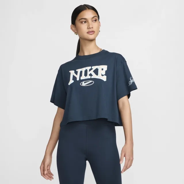 Nike Sportswear Women's Loose Short-Sleeve Cropped T-Shirt - Blue - Cotton