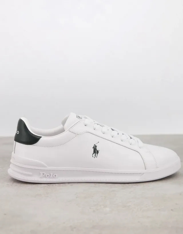 Polo Ralph Lauren Heritage Court Leather Trainer In White With Black Logo