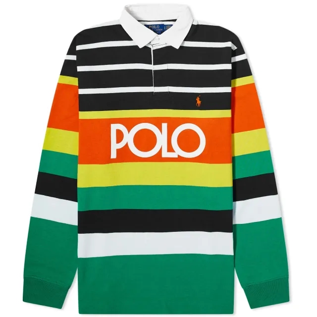 Polo Ralph Lauren logo front multi stripe oversized rugby polo in orange