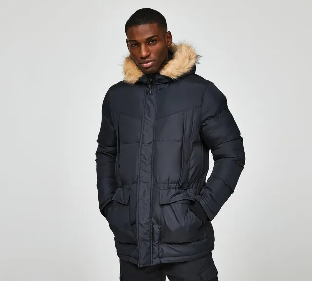 Brave Soul Fur Trim Parka Jacket - Black - Size XL - Black