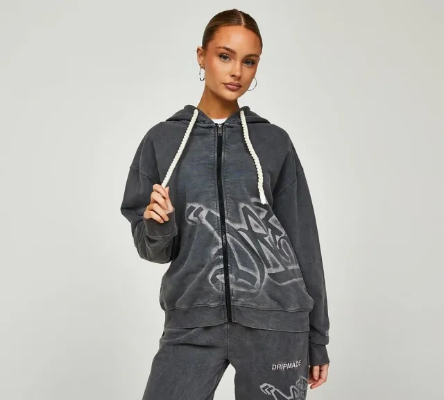 Dripmade Womens Graffiti Spray Full Zip Hoodie - Grey - Size L - Grey