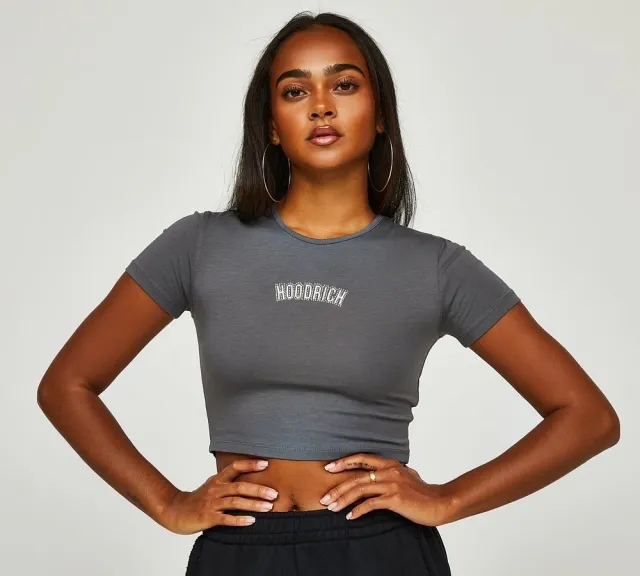 Hoodrich Womens Glide Rhinestone Baby T-Shirt - Grey - Size XS - Grey