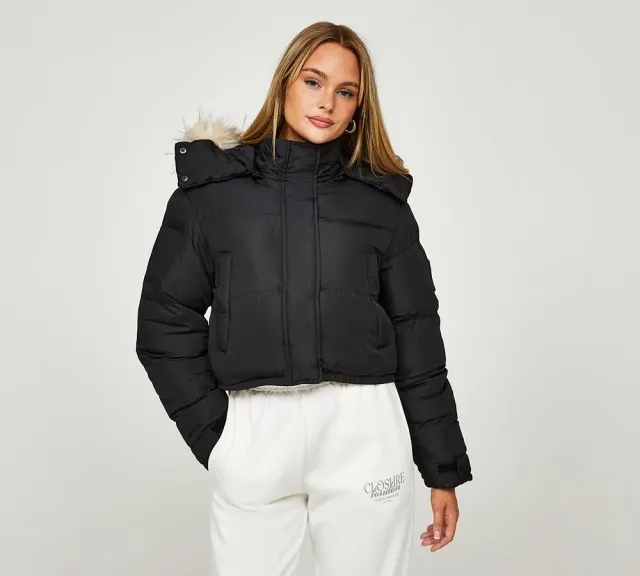 Closure London Womens Cropped Fur Hooded Puffer Jacket - Black - Size 8 - Black