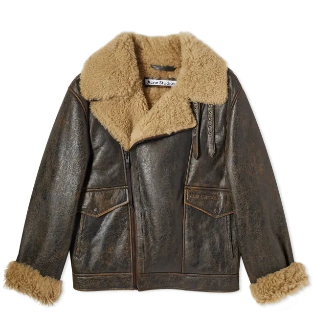 Acne Studios Men's Liana Cracked Shearling Jacket Brown/Beige