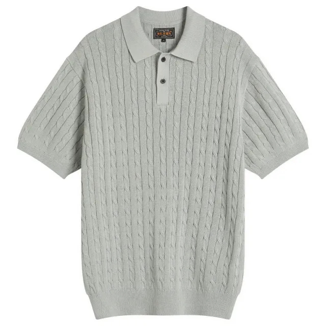 Beams Plus Men's Cable Knit Polo Ice Blue