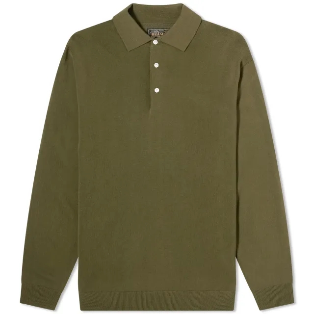 Beams Plus Men's 12g Knit Long Sleeve Polo Olive