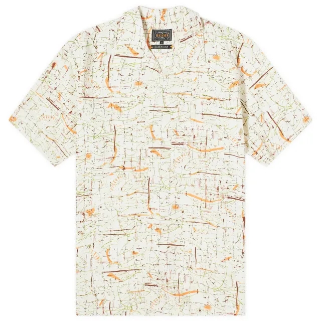 Beams Plus Men's Open Collar Rayon Print Shirt White