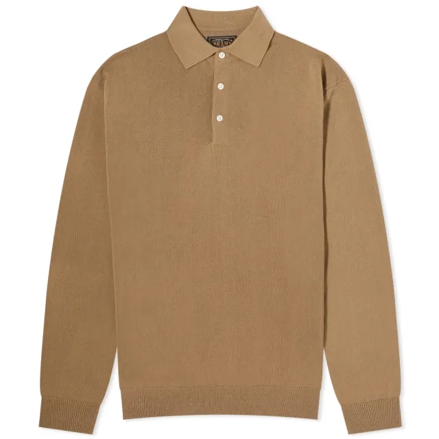 Beams Plus Men's 12g Knit Long Sleeve Polo Mocha
