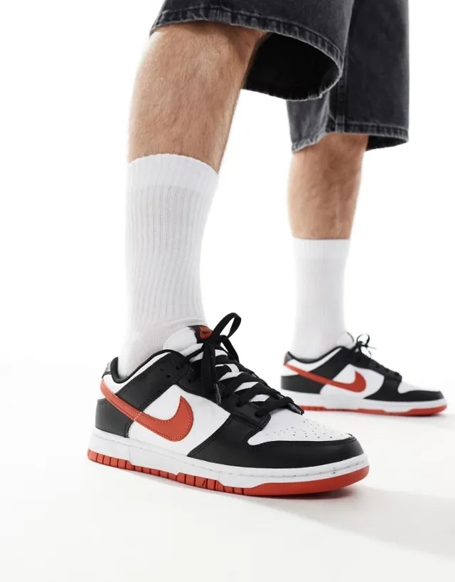 Nike Dunk Low Retro Trainers In White, Black And Red