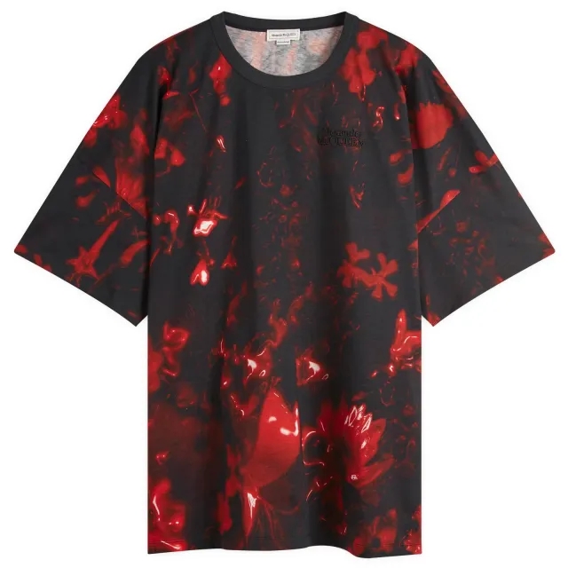Alexander McQueen Men's Waxed Floral Print T-Shirt Black / Red