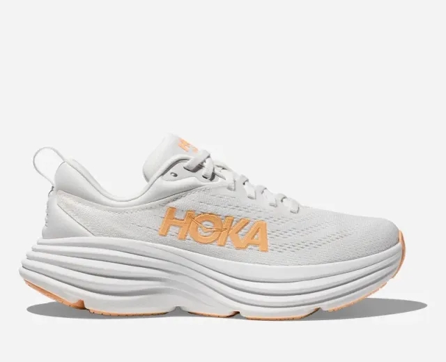 Hoka One One HOKA Women's Bondi 8 Road Running Shoes in White/Cantaloupe