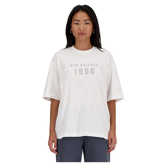 New Balance Women's Iconic Collegiate Jersey Oversized T-Shirt in White Cotton Jersey
