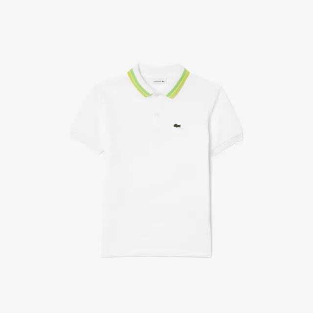 Boys' Lacoste Tricolour Collar Cotton Petit Piqué Polo - White / Green / White / Yellow