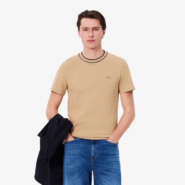Lacoste Stretch Piqué Stripe Collar T-shirt - Beige