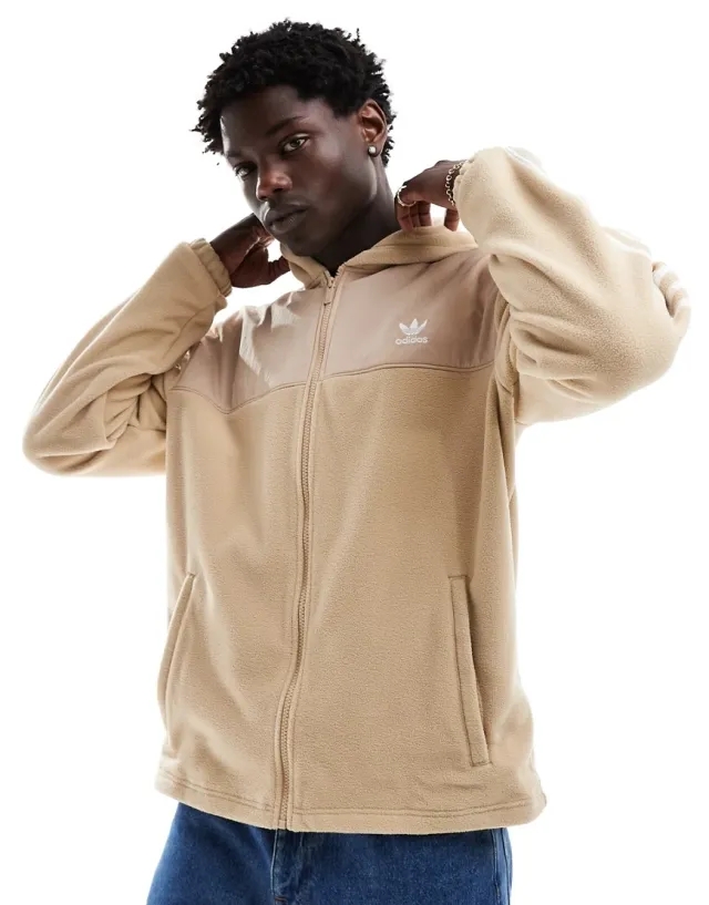 Adidas Originals Adicolor 3-Stripes Teddy Fleece Hoodie In Beige-Neutral