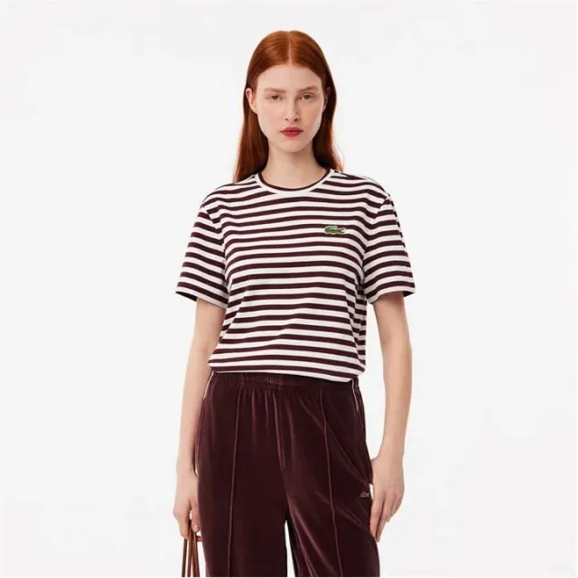 Lacoste Loose Fit Striped Cotton T-shirt - Bordeaux / White