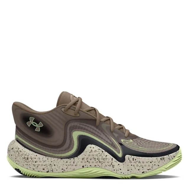 Unisex  Under Armour  Spawn 6 Mid Camo Basketball Shoes Taupe Dusk / Black / Retro Green 6.5
