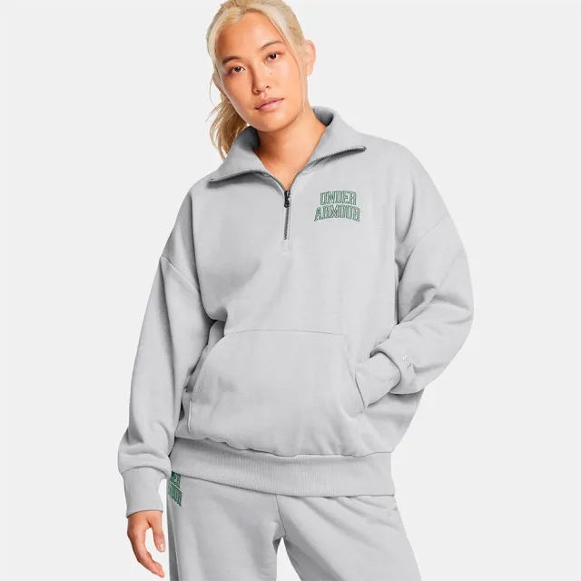 Women's  Under Armour  Icon Heavyweight Terry Oversized ¼ Zip Mod Gray Light Heather / Forest Green XS