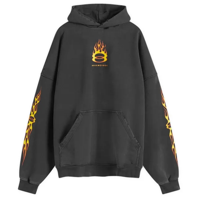 Balenciaga Men's Oversized Flame Hoody Washed Out Black