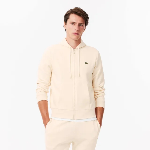 Lacoste Zipped Fleece Hoodie - Ecru White