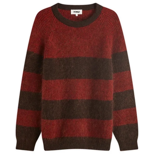 YMC Men's Suedehead Stripe Crew Knit Red-Brown