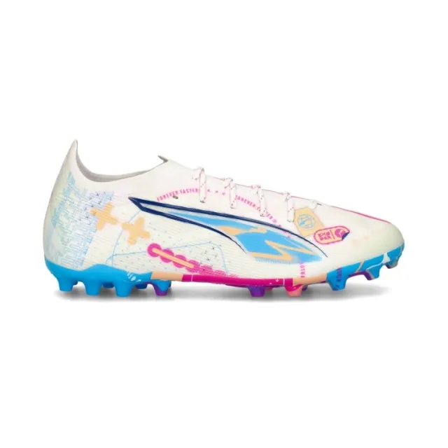 PUMA Ultra 5 Ultimate Volume Up MG Football Boots, White/Luminous Blue/Poison Pink