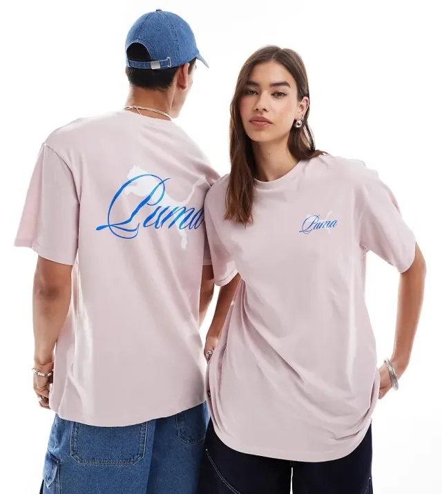 Puma Terrace Back Print T-Shirt In Pink And Blue