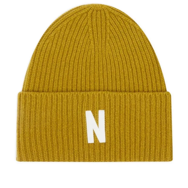 Norse Projects Men's Merino Lambswool Rib N Logo Beanie Sitka Green