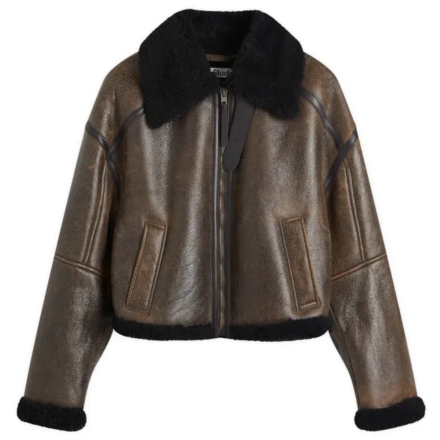 Acne Studios Women's Leather Shearling Jacket Dark Brown&Black