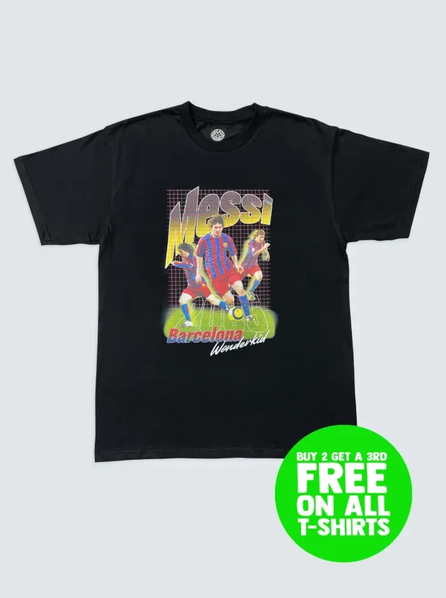 BARCELONA MESSI WONDERKID BOOTLEG TEE | Cult Kits, Small / Barcelona / Black