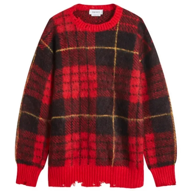 Alexander McQueen Men's Brushed Mohair Tartan Jumper Red/Black/Yellow
