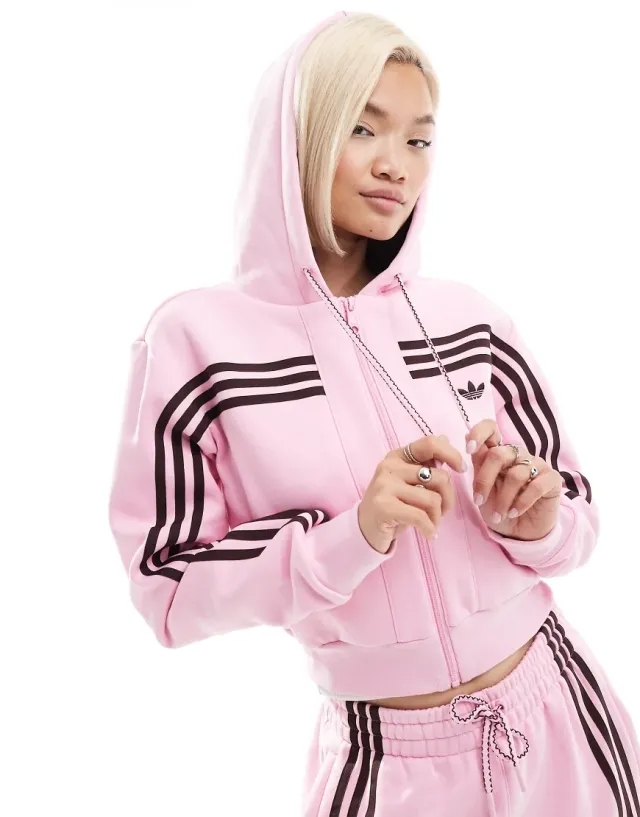 adidas Originals Womens 70s Crop 3-Stripes Full Zip Hoodie - Pink - Size M - Pink