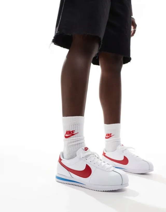 Nike Cortez Leather Trainers In White, Red And Blue