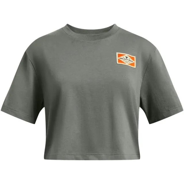 Under Armour Girls' Project Rock Campus Crop Short Sleeve Clay Green / Silt YXS (48 - 50 in)