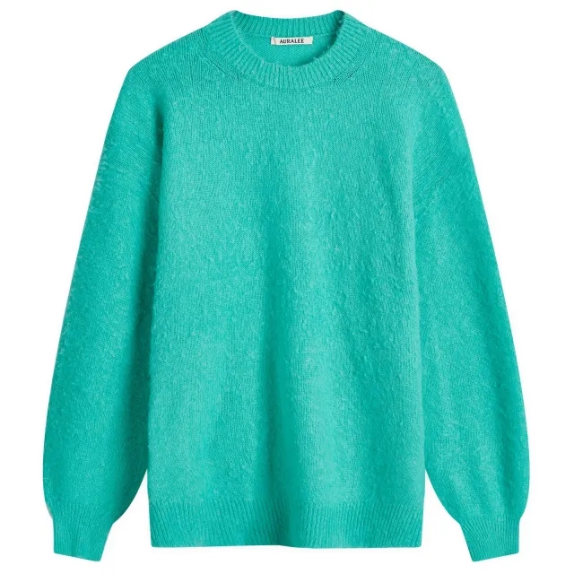 Auralee Men's Brushed Wool Cashmere Crew Knit Aqua Green